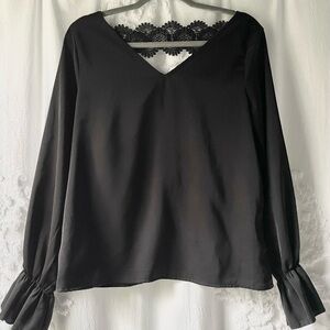 Black Long Sleeve Lace Back Blouse
